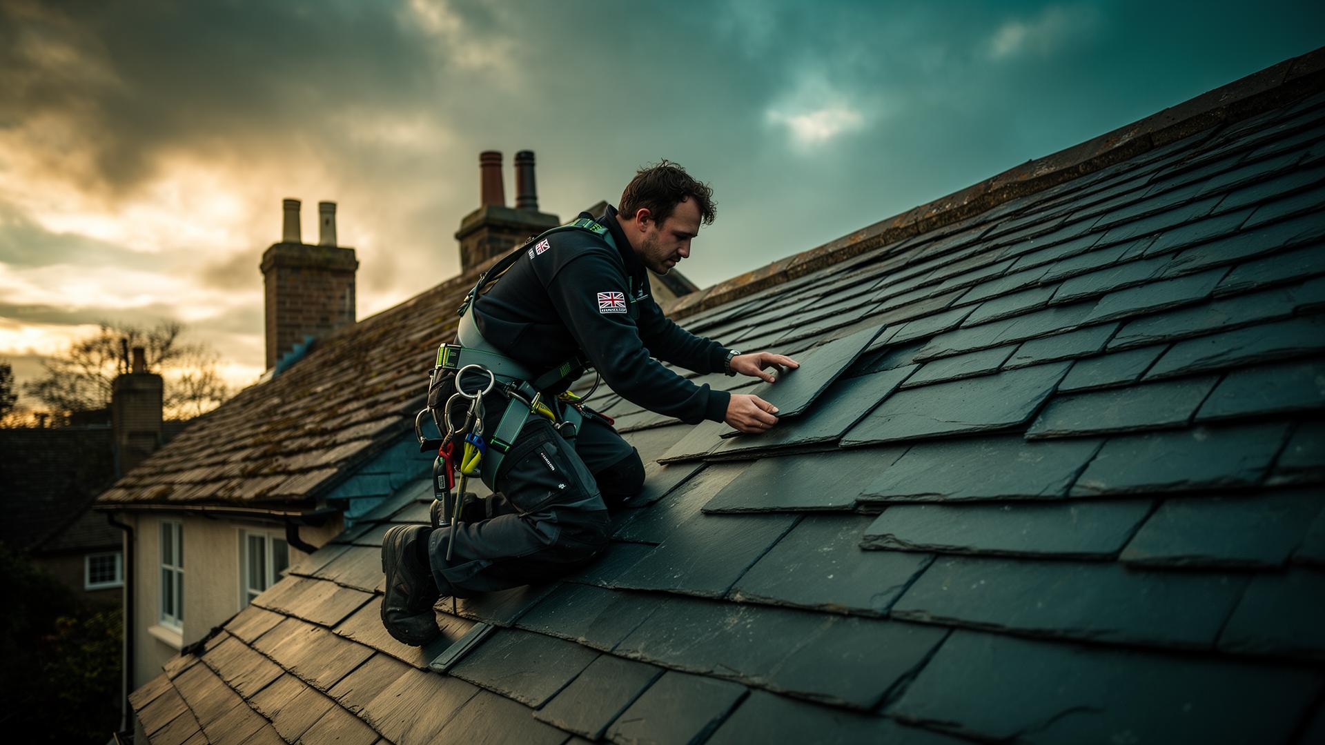 Roofer laying slate tiles on a traditional British pitched roof at golden hour